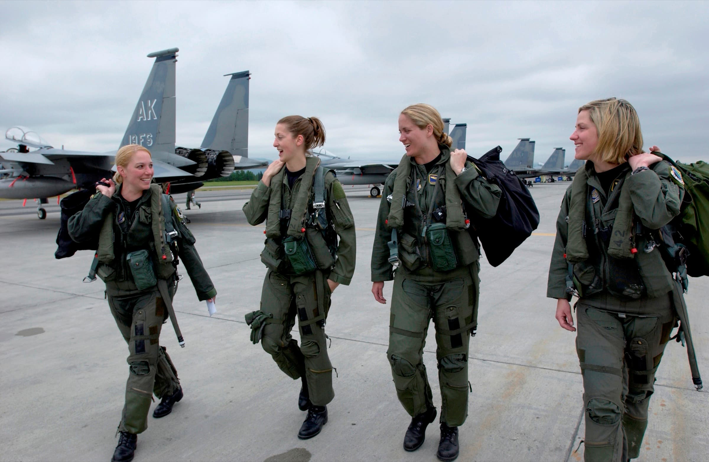 Four U.S. Air Force F-15 pilots walking to their jets at Elmendorf Air Force Base