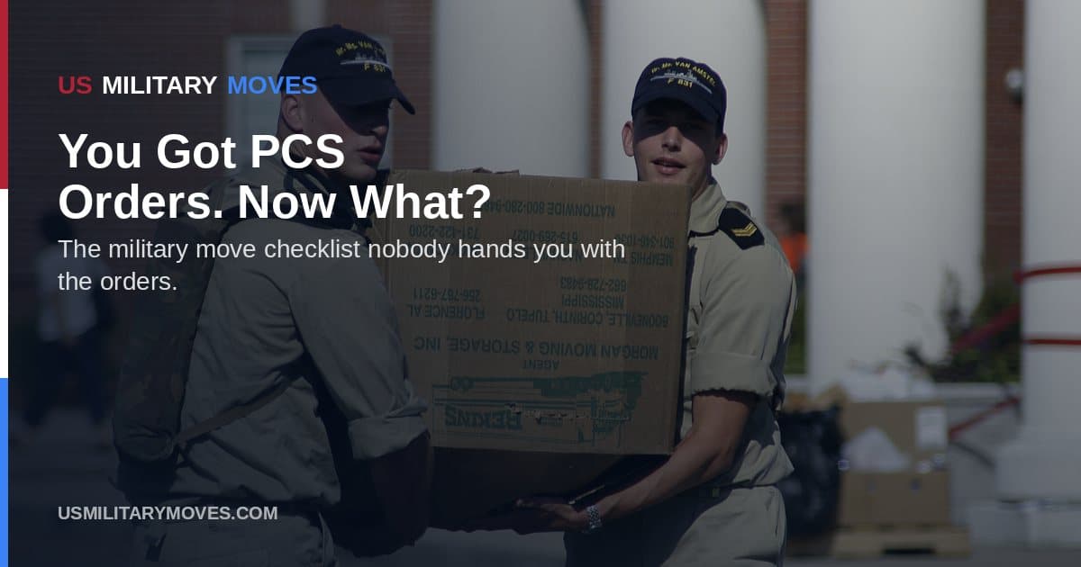 Sailors carry a box of household goods during a move, used as the share image for the PCS move checklist.