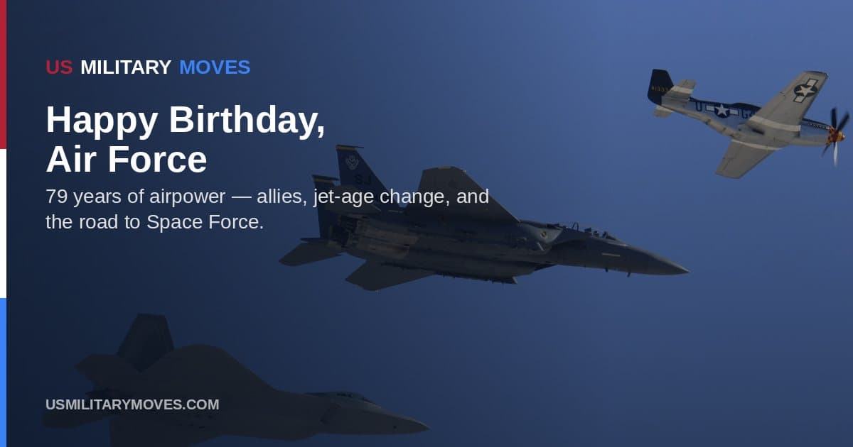 U.S. Air Force Heritage Flight with an F-22 Raptor, F-15E Strike Eagle, and P-51 Mustang — official USAF photo used as the branded share image.