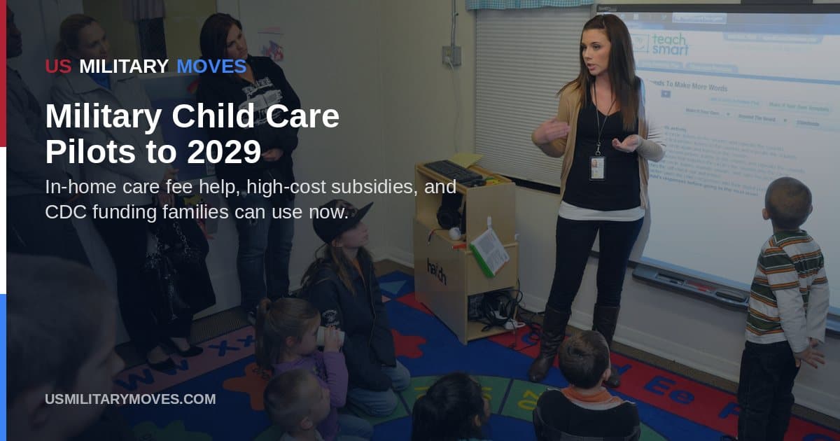 A Child Development Center program assistant speaks with parents during an open house, used as the share image for the military child care pilots guide.