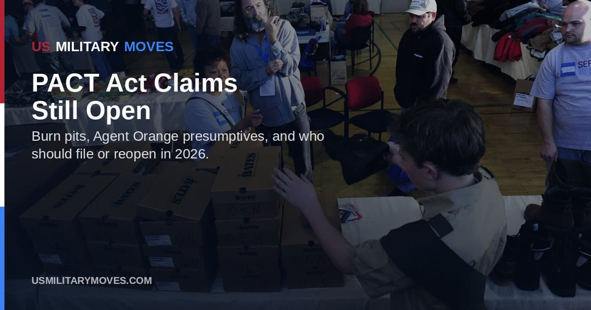 A veteran receiving help with paperwork at a VA benefits event, used as the share image for the 2026 PACT Act claims guide.