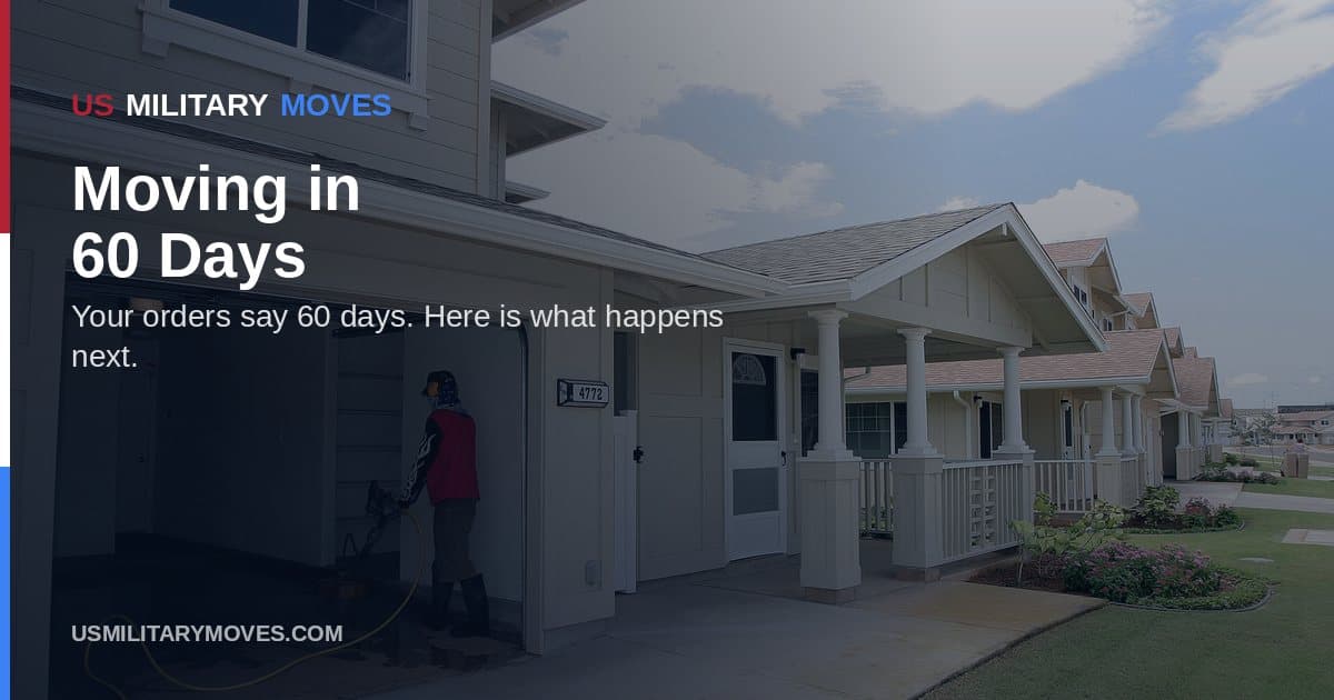 A Navy family waits on the lawn while movers deliver household goods to their new home, used for the 60-day PCS timeline.