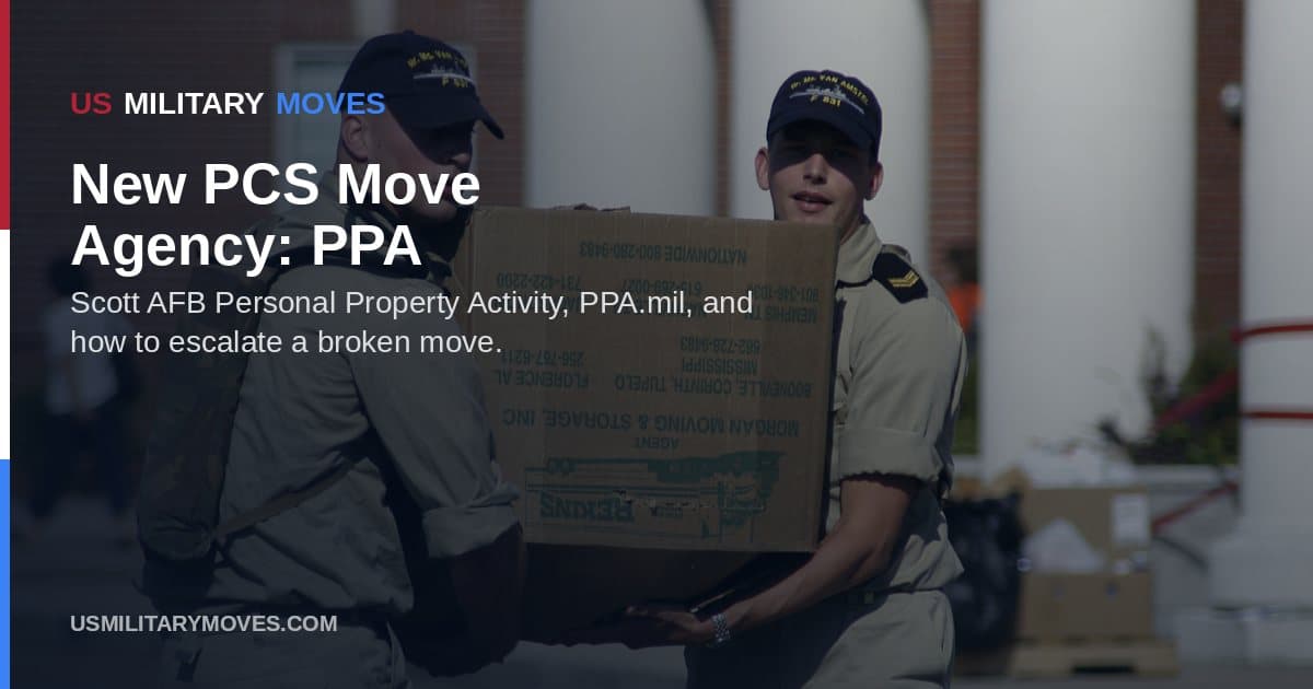 Sailors carrying a box of household goods during a move, used as the share image for the Personal Property Activity PCS reform guide.
