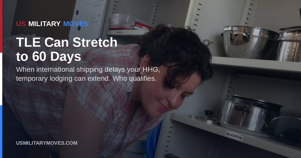 An Army Community Service relocation assistant organizes lending-closet household items for newcomers waiting on shipments, used as the share image for the TLE 60-day extension guide.