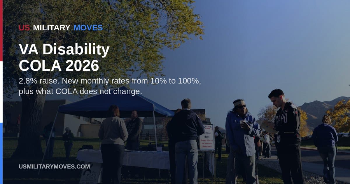 Veterans and helpers at a VA Stand Down claims table, used as the share image for the 2026 VA disability COLA rates guide.