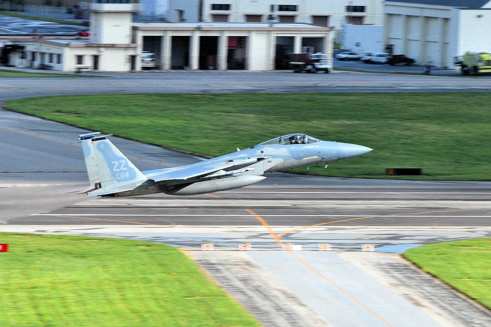 U.S. Air Force 44th Fighter Squadron F-15C Eagle taking off from Kadena Air Base, Japan