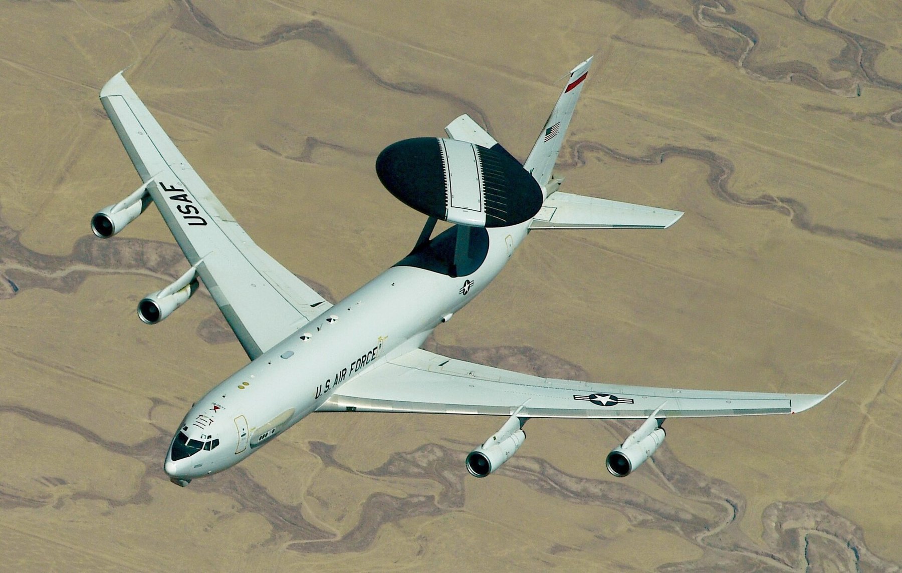 U.S. Air Force E-3 Sentry AWACS aircraft in flight after aerial refueling