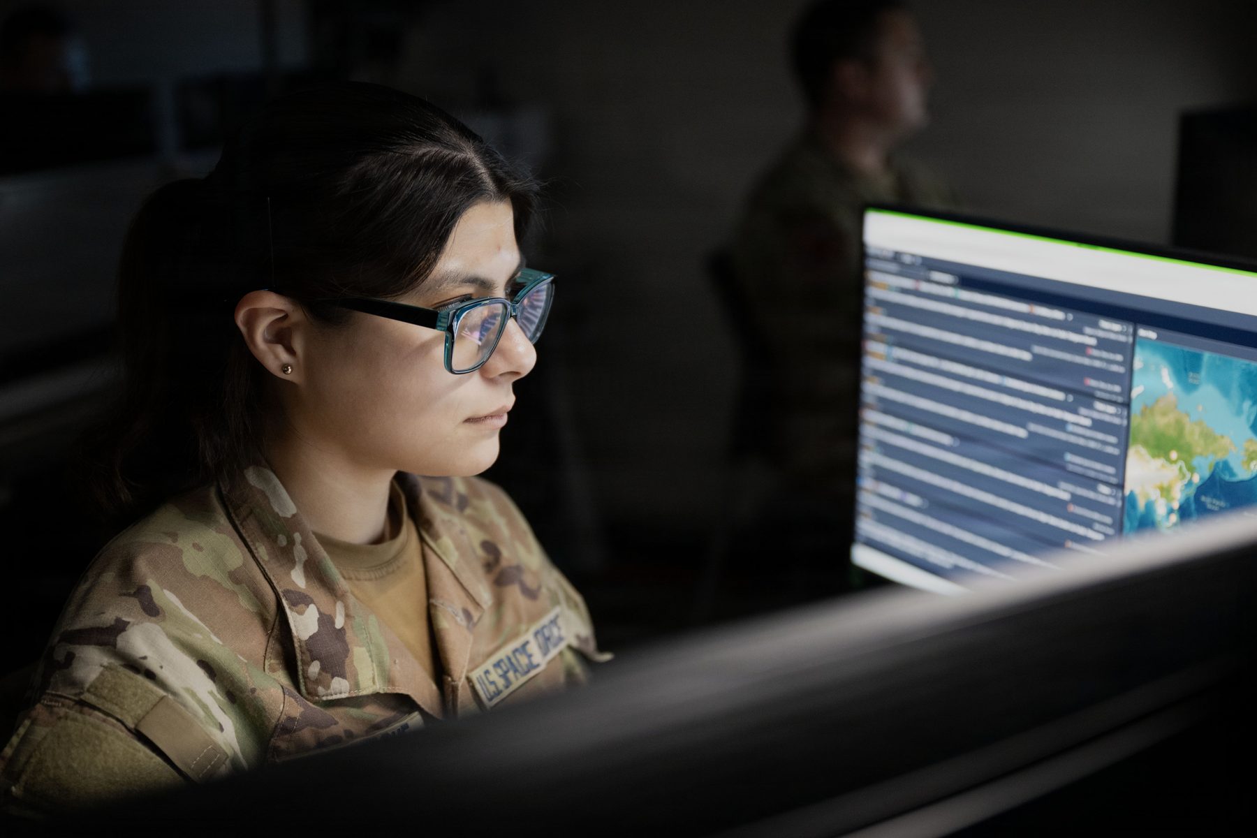 A U.S. Space Force Guardian monitors a workstation for Space Delta 5